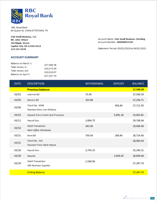 Download RBC Royal Bank enterprise checking account statement Word and PDF template Photoshop template